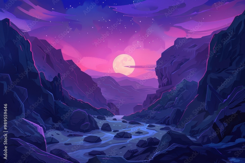A river flows between dark mountains towards a bright full moon in a purple sky A river flows between dark mountains towards a bright full moon in a purple sky