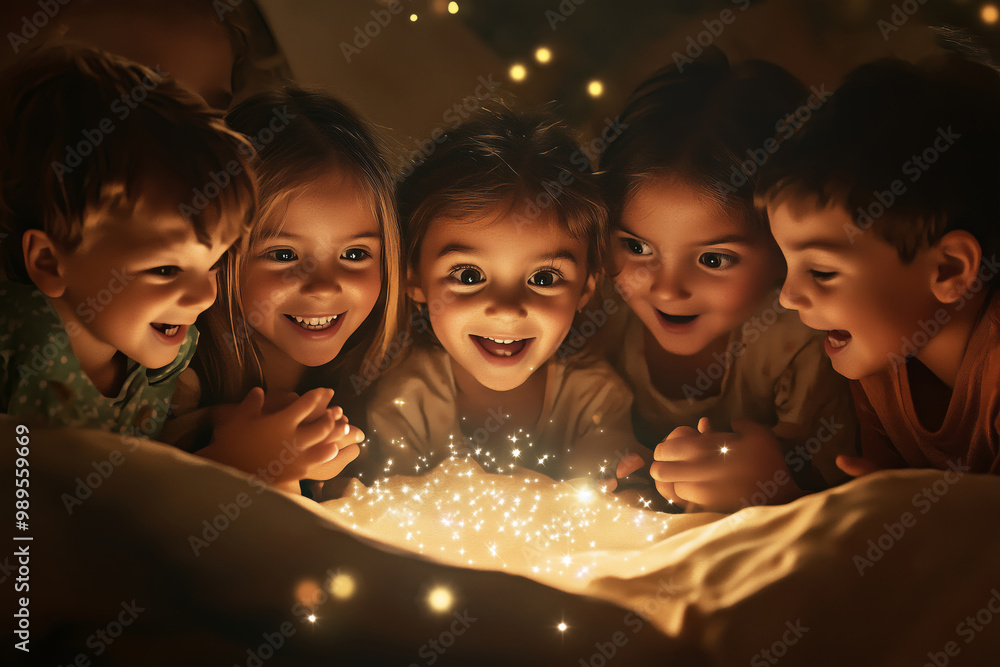 Fototapeta premium Children waking up to discover a blanket of tiny stars inside a cozy fort on a magical night