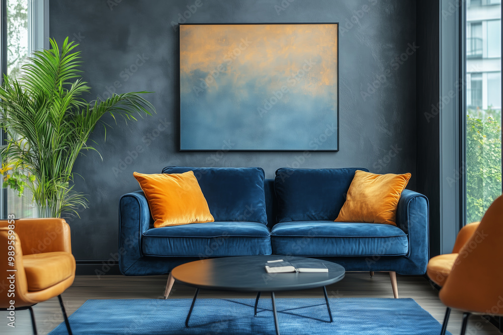 Fototapeta premium A stylish modern apartment with blue velvet sofas and vibrant decor elements creating a cozy living space