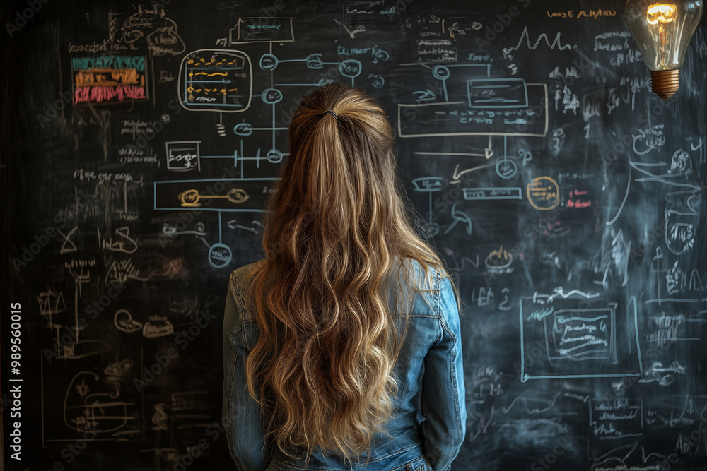 A brunette lady sketches ideas on a chalkboard during an inspiring afternoon at the art studio A brunette lady sketches ideas on a chalkboard during an inspiring afternoon at the art studio