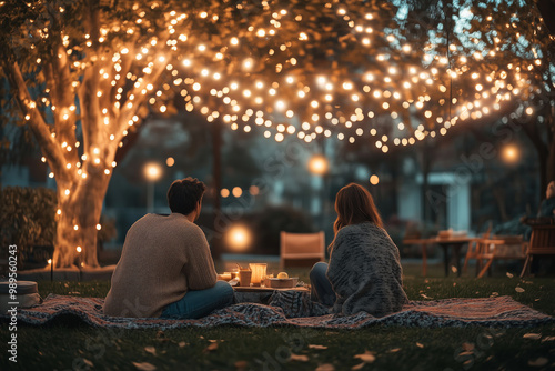 Fototapeta Naklejka Na Ścianę i Meble -  A cozy evening picnic under twinkling lights with friends enjoying laughter, food, and warmth in a lush green park