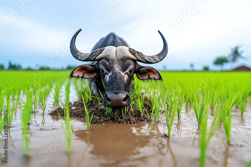 A traditional water buffalo plowing a rice field, symbolizing the connection between animals and agriculture photo