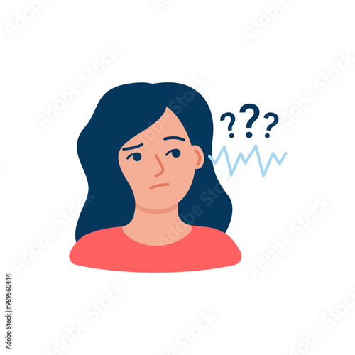 Deaf woman, hearing problem or loss hear, tinnitus. Girl listens to an indistinct sound. Contacting an otolaryngology for help and treatment. Vector illustration
