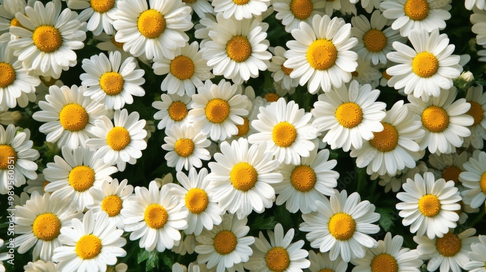 A close-up shot of a field of white daisies with yellow centers, creating a beautiful and vibrant floral pattern. A close-up shot of a field of white daisies with yellow centers, creating a beautiful and vibrant floral pattern.