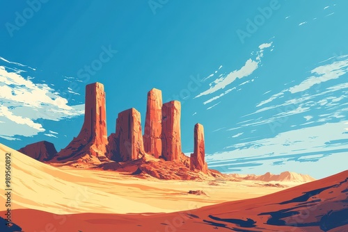 Tall Red Rock Formations in a Desert Landscape Under a Blue Sky photo