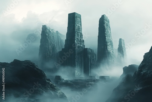 Ancient Stone Structure Emerging From Foggy Mountains photo