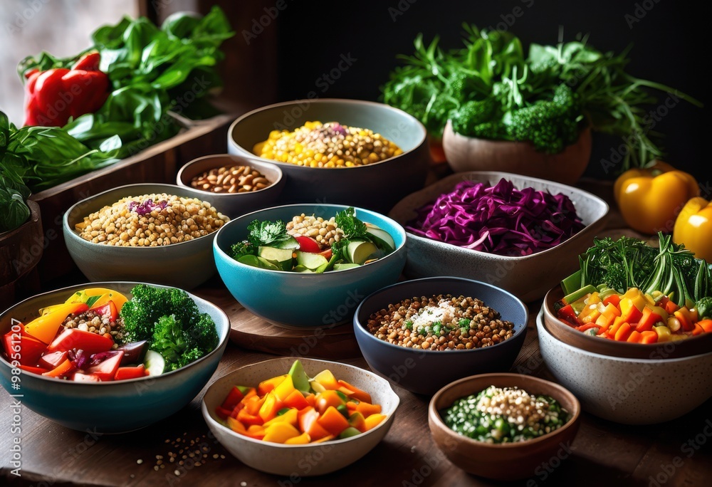 colorful plant based meal prep displayed rustic wooden tabletop fresh ingredients healthy dishes, arrangement, vibrant, vegetables, fruits, recipe, bowls colorful plant based meal prep displayed rustic wooden tabletop fresh ingredients healthy dishes, arrangement, vibrant, vegetables, fruits, recipe, bowls