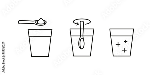 Pour sachet bag with soluble powder into glass of water, line icon. Open paper pack stick with powder and stir. Soluble bag medication or food sugar, salt, coffee. Symbol pouch. Vector illustration