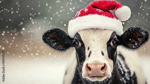 A cow wearing a Christmas hat photo