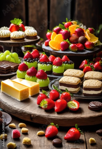 vibrant display assorted delicious snacks featuring colorful savory fresh appetizing desserts arranged eye catching presentation, assortment, platter