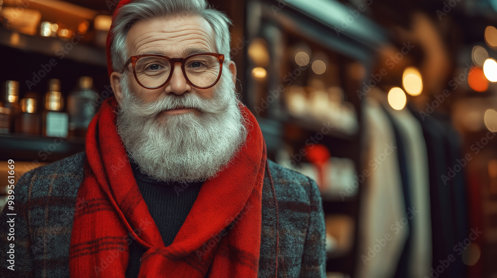 Santa Claus look-alike shopping in a cozy store with warm lighting, surrounded by luxury products and festive decorations, embracing the holiday spirit. Santa Claus look-alike shopping in a cozy store with warm lighting, surrounded by luxury products and festive decorations, embracing the holiday spirit.