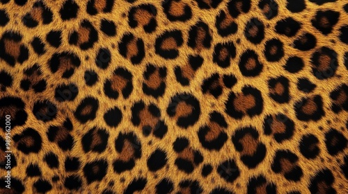 Close up of a leopard's fur with a pattern of black spots on a golden brown background.