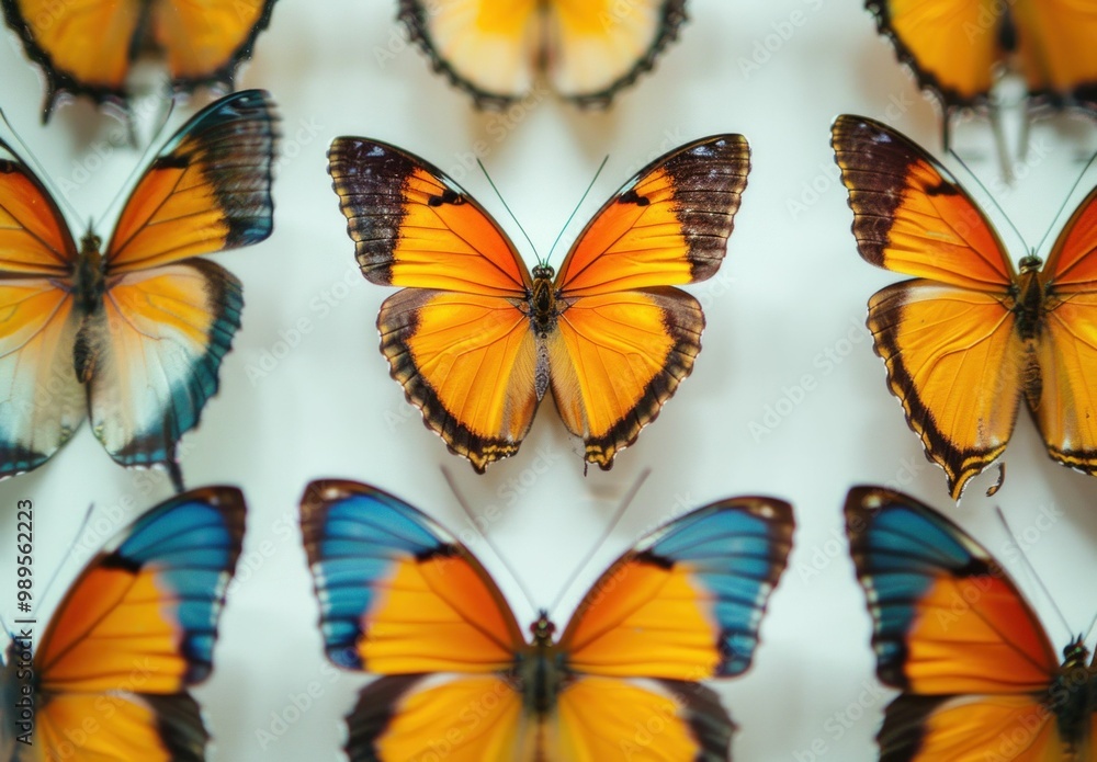 Obraz premium Butterflies, orange and blue shades, arranged symmetrically on a light background, showcasing intricate wing patterns and vibrant colors Nature s beauty captured in detail