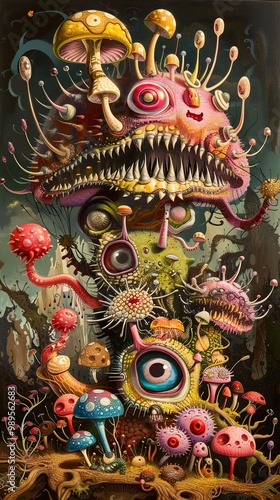 Surreal Mushroom Forest with Eyes and Teeth