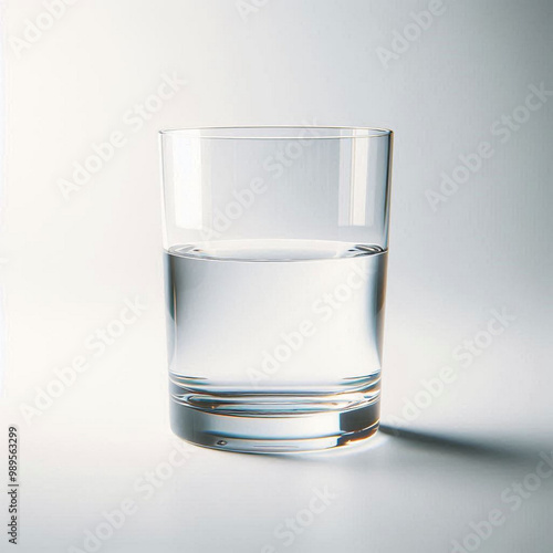 A perfectly symmetrical clear glass of water with soft reflections, placed on a white background