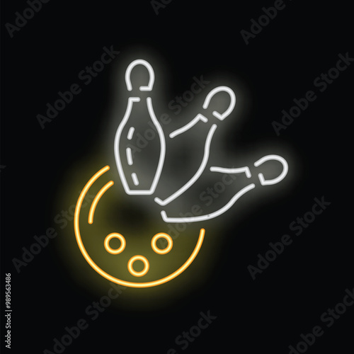 Neon sign representing bowling pins about to hit a bowling ball, perfect for a pub or a bowling club