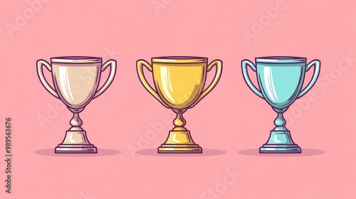 First Place Champion Trophy Cup Icon Set in Flat Style - Gold, Silver, and Bronze Cartoon Trophies for Awards and Achievements