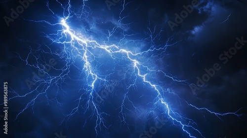 Dramatic lightning striking through dark storm clouds during a thunderstorm at night in a dynamic weather event