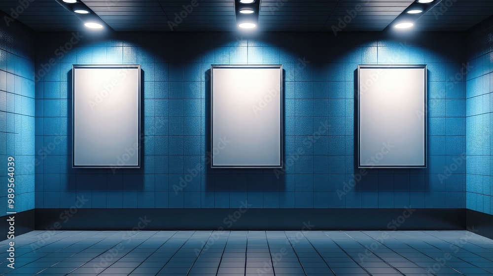 Modern Realistic Mockup of Empty Movie Posters Illuminated with Spotlights on Grey Tiled Wall in Cinema, Theater Hallway, or Gallery - High-Resolution Stock Image for Advertising and Design Modern Realistic Mockup of Empty Movie Posters Illuminated with Spotlights on Grey Tiled Wall in Cinema, Theater Hallway, or Gallery - High-Resolution Stock Image for Advertising and Design