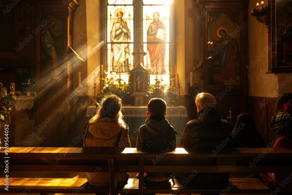 A family of three sits on a wooden bench in a church, generative ai image A family of three sits on a wooden bench in a church, generative ai image