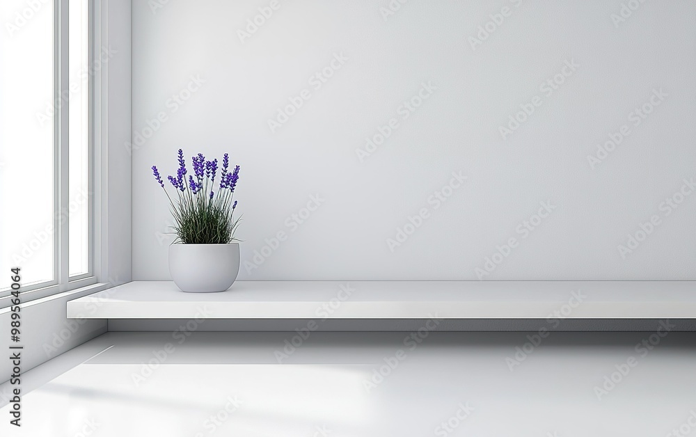 A serene corner with a purple lavender plant on a minimalist shelf in a bright room during daylight A serene corner with a purple lavender plant on a minimalist shelf in a bright room during daylight
