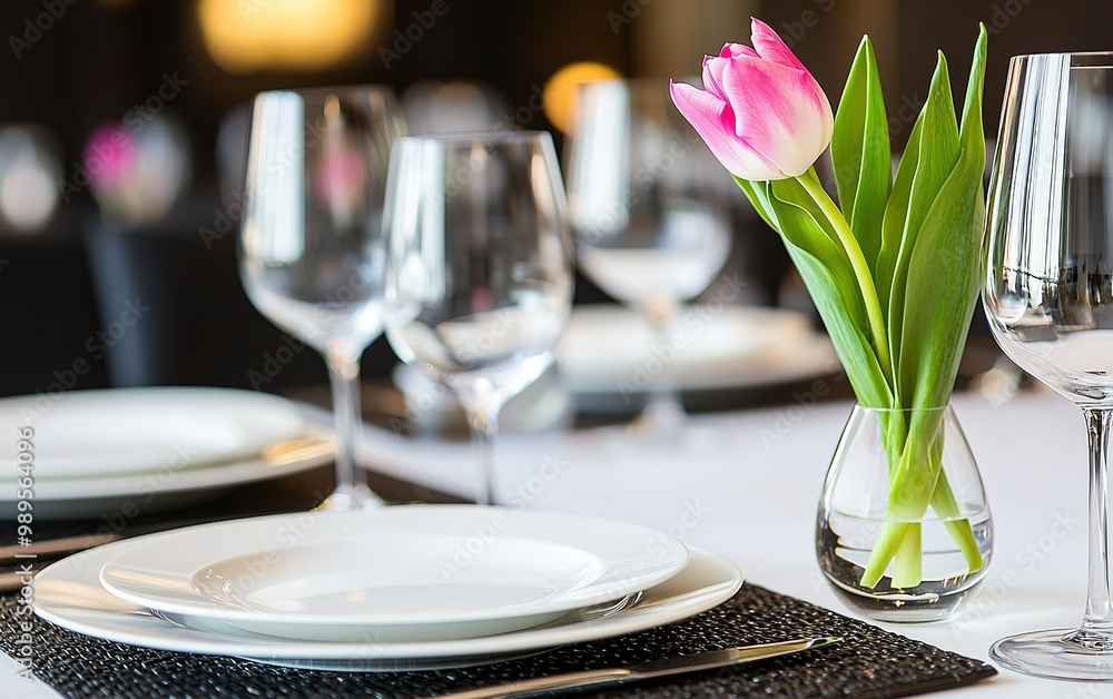 Elegant dining table set with white plates, wine glasses, and a pink tulip centerpiece in a stylish restaurant during evening hours Elegant dining table set with white plates, wine glasses, and a pink tulip centerpiece in a stylish restaurant during evening hours