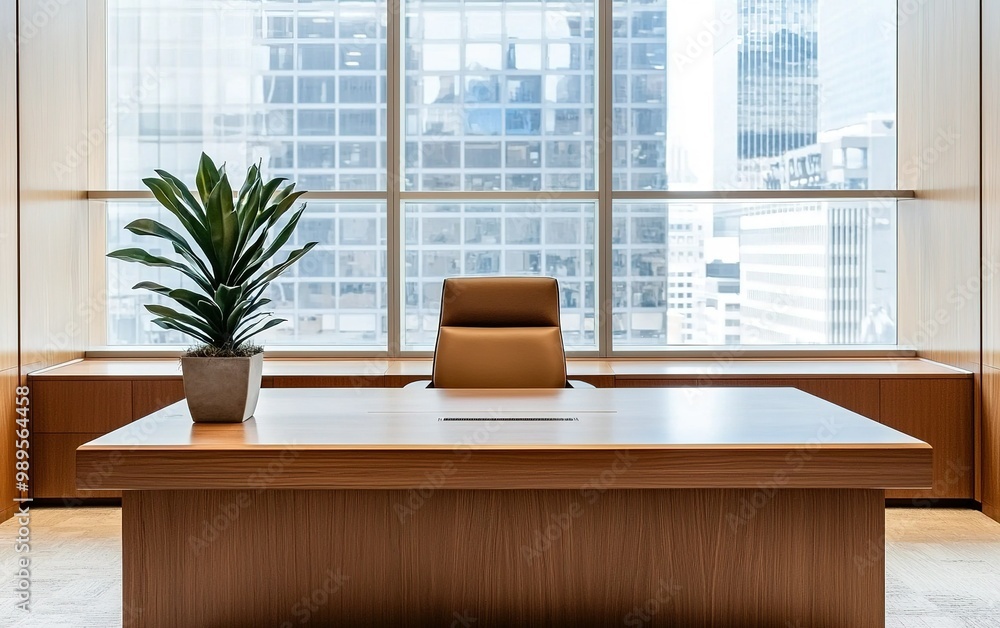 Modern office interior featuring a wooden desk and leather chair with a view of city buildings in a bright, glass-walled workspace Modern office interior featuring a wooden desk and leather chair with a view of city buildings in a bright, glass-walled workspace