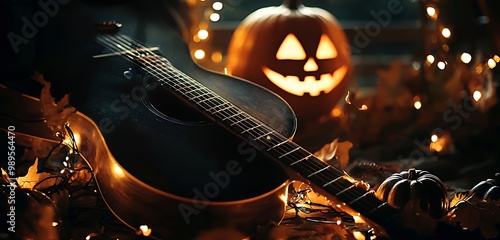 Dark setting with pumpkin lights around a guitar, casting shadows for Halloween.