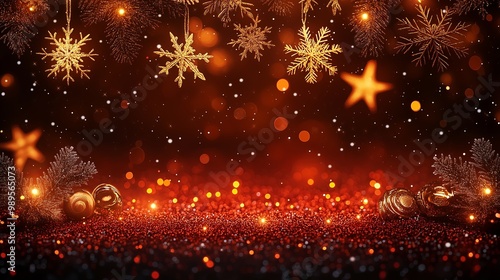 Christmas background with golden stars and snowflakes.