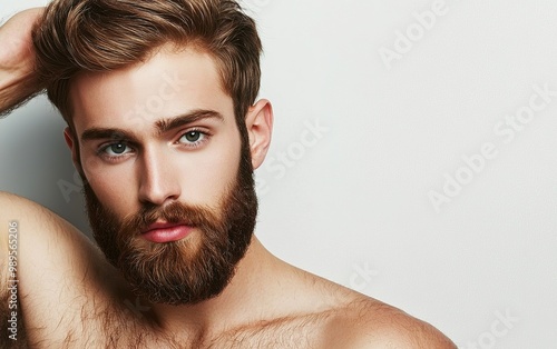 A young man with a well-groomed beard poses against a plain background while showcasing his defined features and confident expression