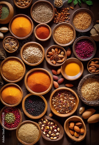 vibrant assortment nutritious pantry essentials including dried spices healthy living, grains, legumes, nuts, seeds, fruits, nutrition, food, organic