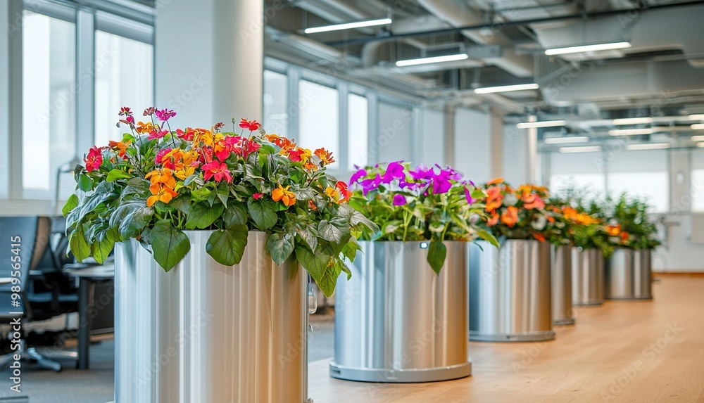 Fototapeta premium Vibrant flower planters enhancing a modern office space with colorful blooms and a bright, inviting atmosphere