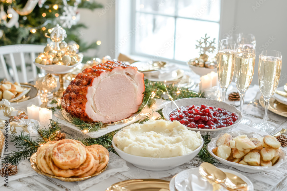 Classic Christmas Dinner Elegance. A festive table setup with roasted ham, fine champagne, and holiday decorations, set against a backdrop of a twinkling Christmas tree.
Classic Christmas Dinner Elegance. A festive table setup with roasted ham, fine champagne, and holiday decorations, set against a backdrop of a twinkling Christmas tree.