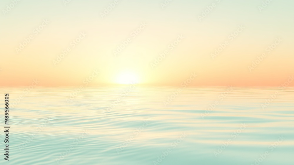 Fototapeta premium Serene sunrise over calm ocean waters at dawn, showcasing soft pastel colors and gentle waves reflecting the early light