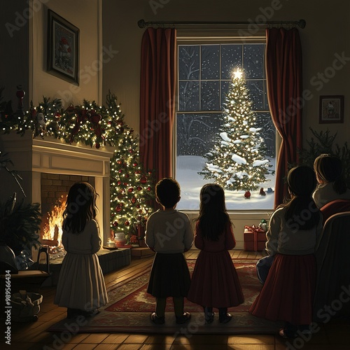 Children viewing a beautifully decorated Christmas tree while gathered around the fireplace on a snowy evening