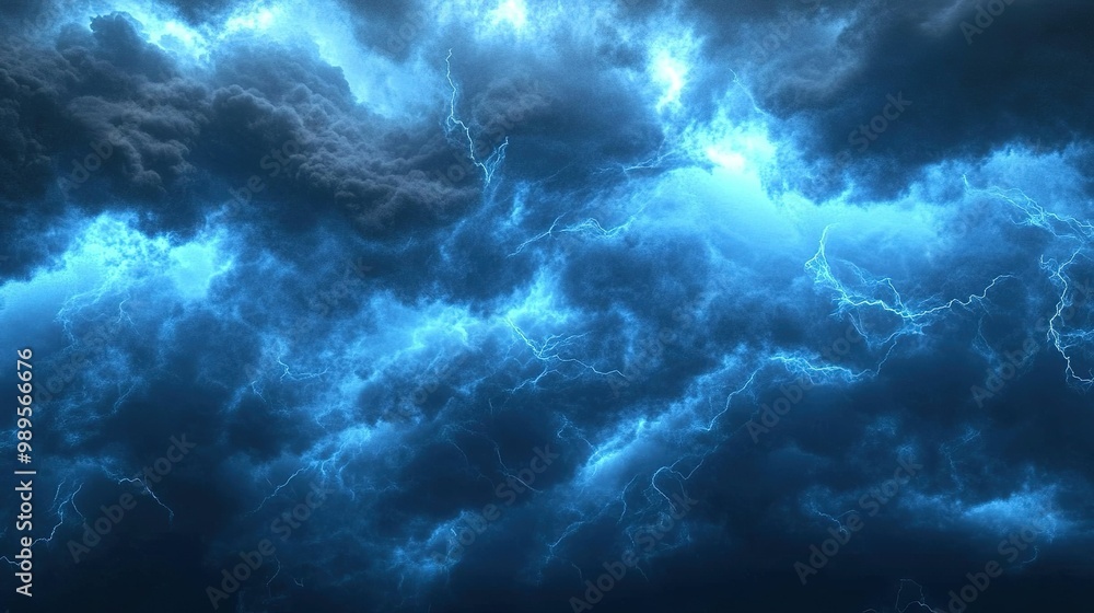 Dramatic thunderstorm with dark clouds and bright lightning illuminating the night sky over a quiet landscape Dramatic thunderstorm with dark clouds and bright lightning illuminating the night sky over a quiet landscape