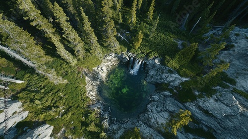 Aerial view of a hidden pond surrounded by tall pine trees in a serene wilderness landscape during the day