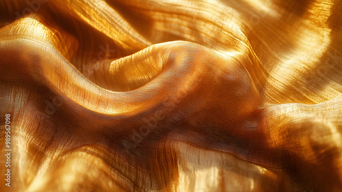 A close-up of raw silk fabric in a warm, golden hue, with its natural slubs and texture creating an artisanal look