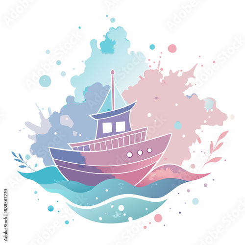 Stylized boat illustration with soft colors and abstract watercolor background