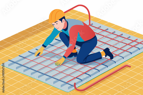 Ilustración de un trabajador instalando una red de calefacción por suelo radiante. El técnico está arrodillado colocando los cables de calefacción en una superficie.