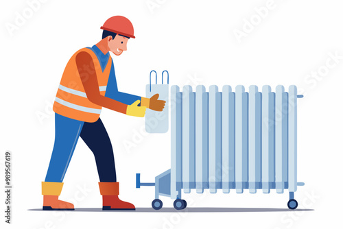 Un trabajador con equipo de protección personal moviendo un radiador en un entorno industrial o de construcción.