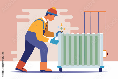 Ilustración de un trabajador ajustando un radiador que muestra una pequeña fuga de líquido. La escena destaca el trabajo de reparación y mantenimiento.