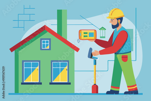 Ilustración de un técnico de calefacción midiendo la presión de un sistema de gas o calefacción frente a una casa, utilizando instrumentos de medición especializados.