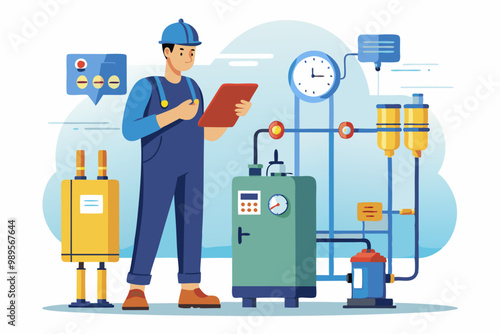  Ilustración de un técnico revisando una compleja instalación de calefacción con medidores y controles, usando una tableta para anotar datos.