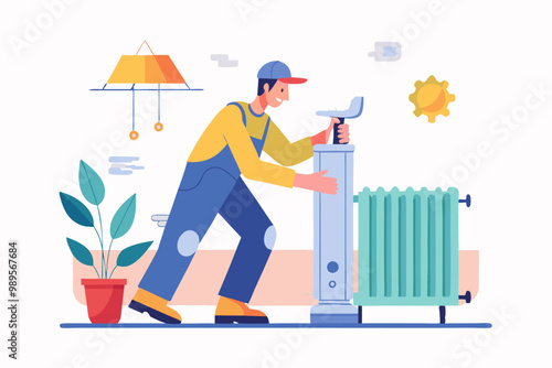 Ilustración de un técnico en interiores ajustando un radiador de calefacción. La escena muestra una planta, un radiador y un ambiente cálido y acogedor.