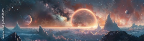 Breathtaking cosmic landscape with vibrant nebula and distant planets photo