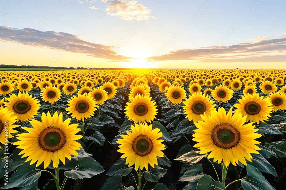 Obraz premium A vast sunflower field, glowing under the golden light of sunset, with the flowers all facing the sun as it dips below the horizon