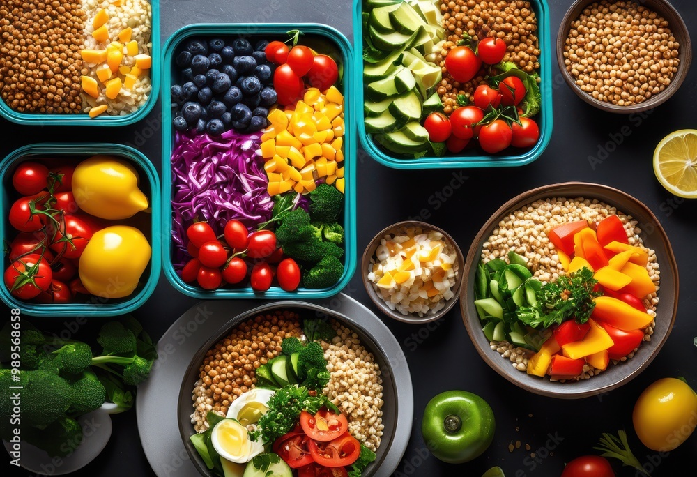colorful meal prep vibrant healthy dishes bright containers balanced nutrition visual appeal, food, meals, vegetables, fruits, whole, grains, protein, sources colorful meal prep vibrant healthy dishes bright containers balanced nutrition visual appeal, food, meals, vegetables, fruits, whole, grains, protein, sources