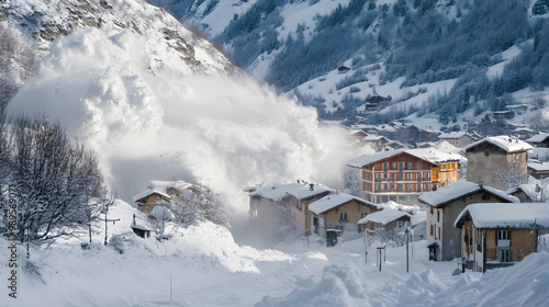 A dramatic view of an avalanche colliding with a small mountain village snow pouring through the streets and smashing into buildings.