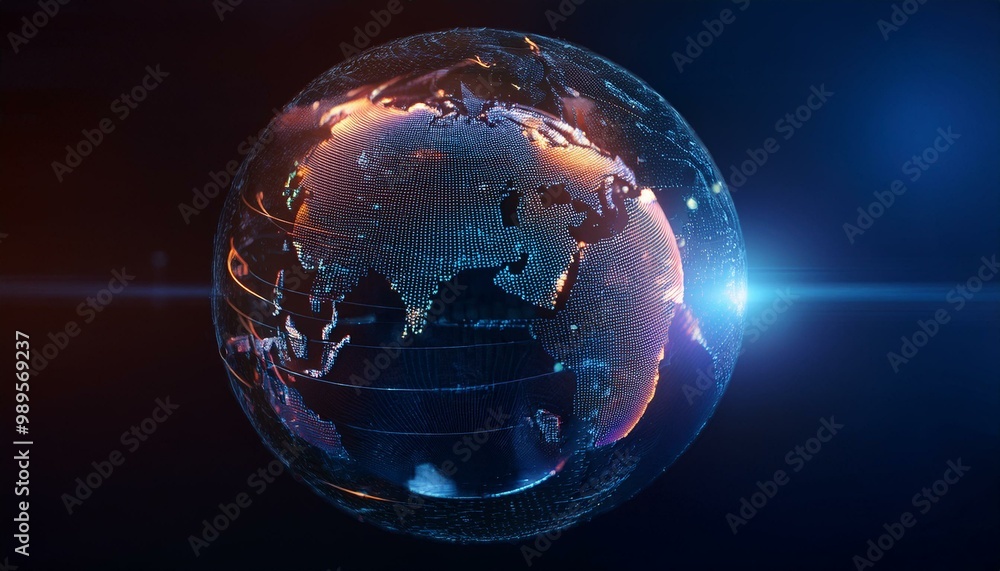 Fototapeta premium planet earth in the form of a digital hologram; blue light color and black background 14